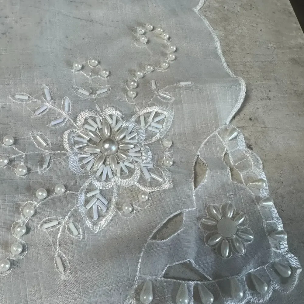 Vintage Handmade Beaded Pearl Embroidered Organza Fabric 2 Napkins Set